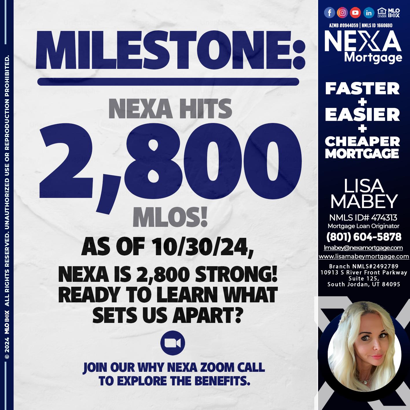 MILESTONE 2,800 - Lisa Mabey -Mortgage Loan Originator