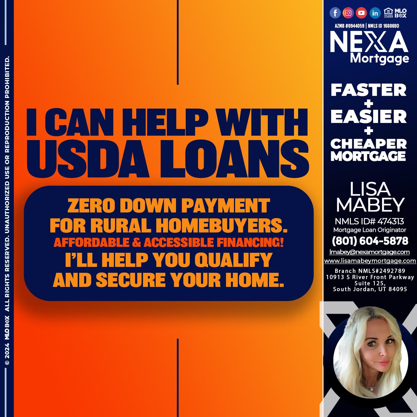 I CAN HELP USDA LOANS - Lisa Mabey -Mortgage Loan Originator