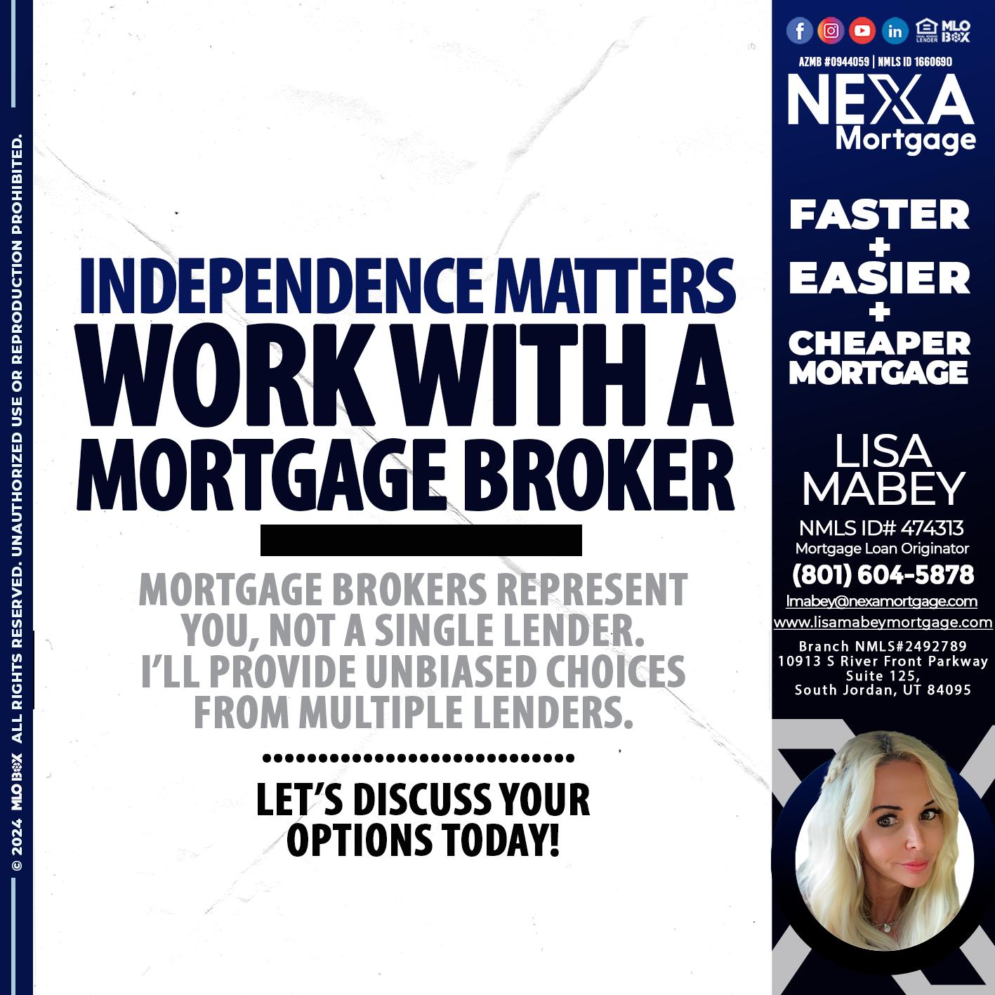 WORK WITH A BROKER - Lisa Mabey -Mortgage Loan Originator
