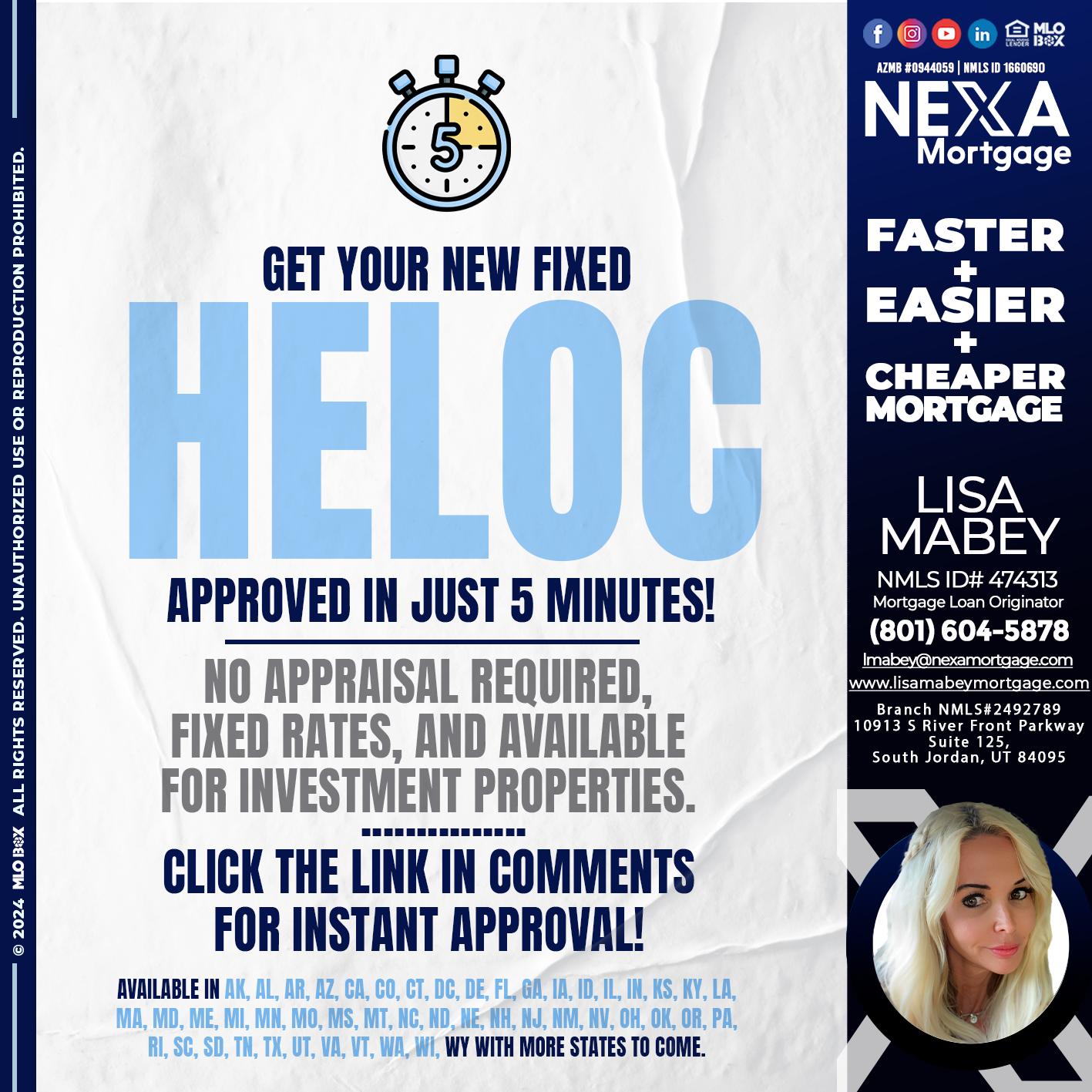 HELOC 5 MINUTES - Lisa Mabey -Mortgage Loan Originator