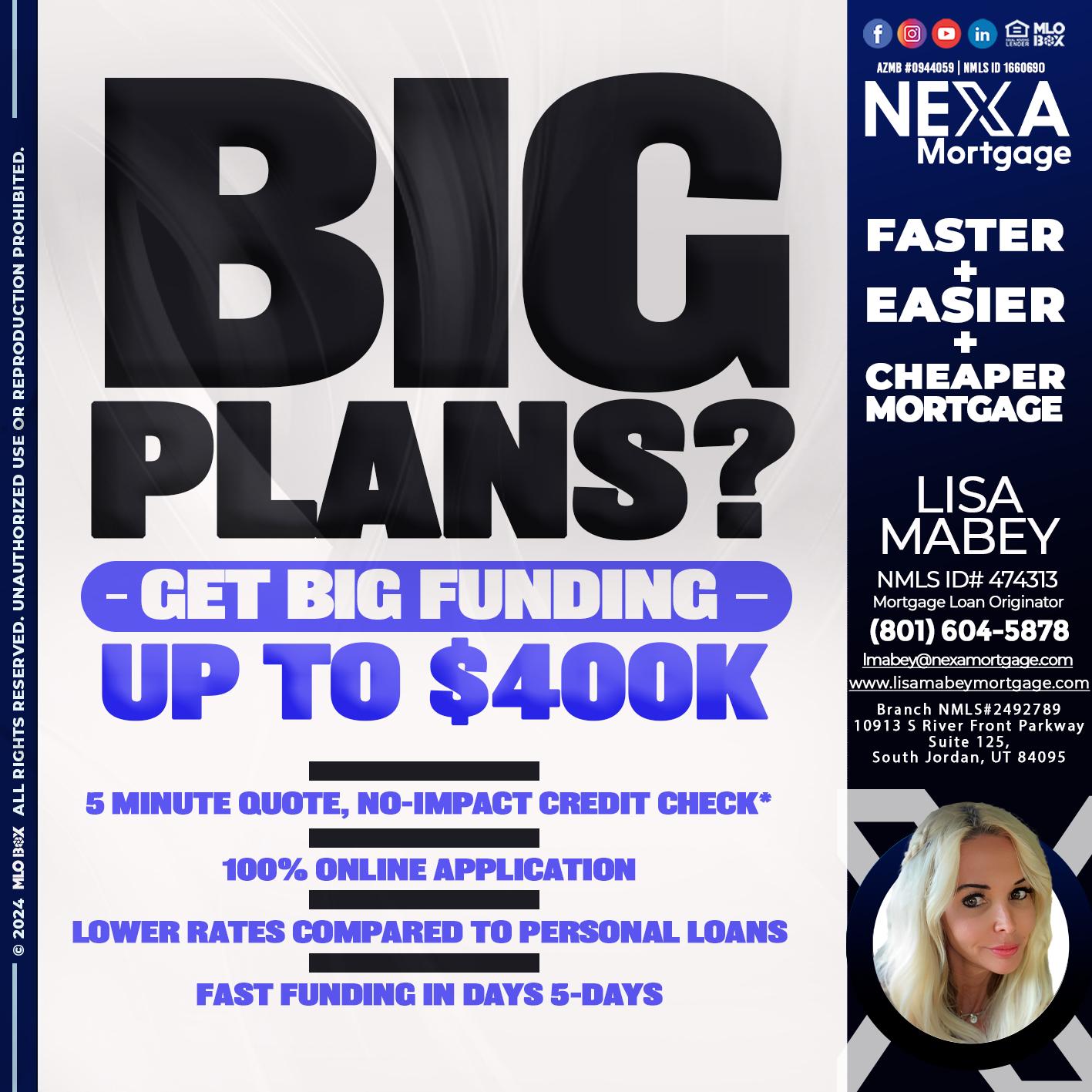 BIG PLANS - Lisa Mabey -Mortgage Loan Originator
