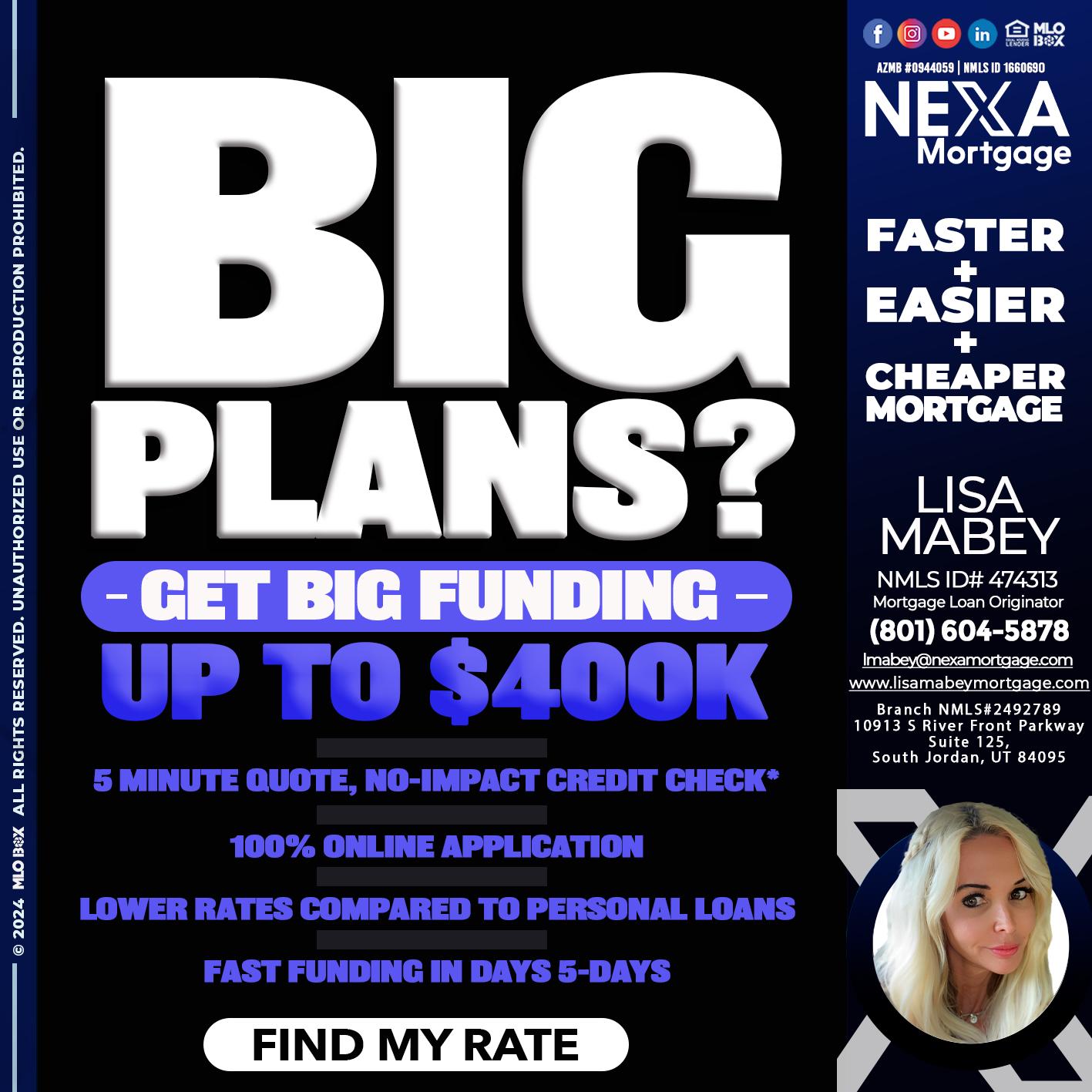 BIG PLANS - Lisa Mabey -Mortgage Loan Originator